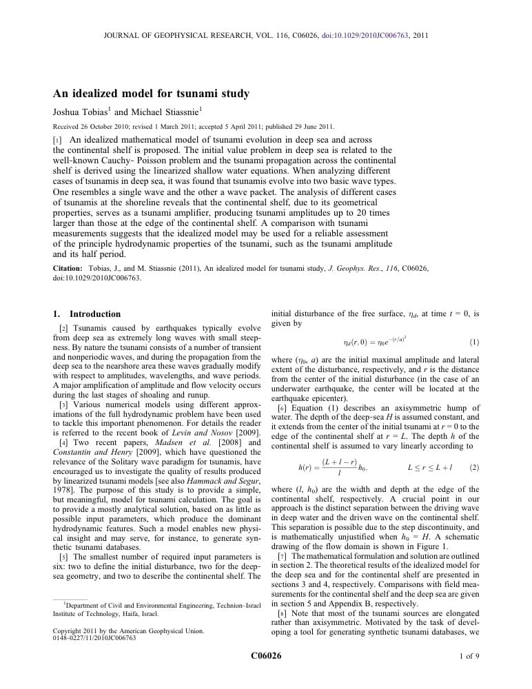 An idealized model for tsunami study — Journal of Geophysical Research: Oceans